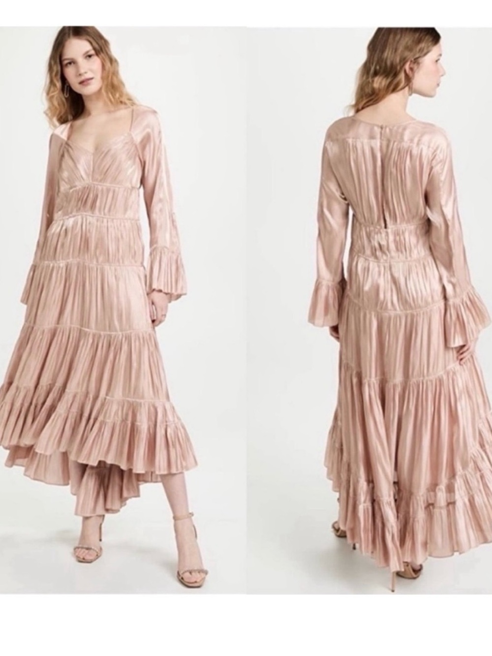 cinq a sept Blush Satin Tiered High-Low Maxi Dress “Sense & Sensibility”